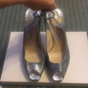 Jimmy Choo silver glitter sling backs